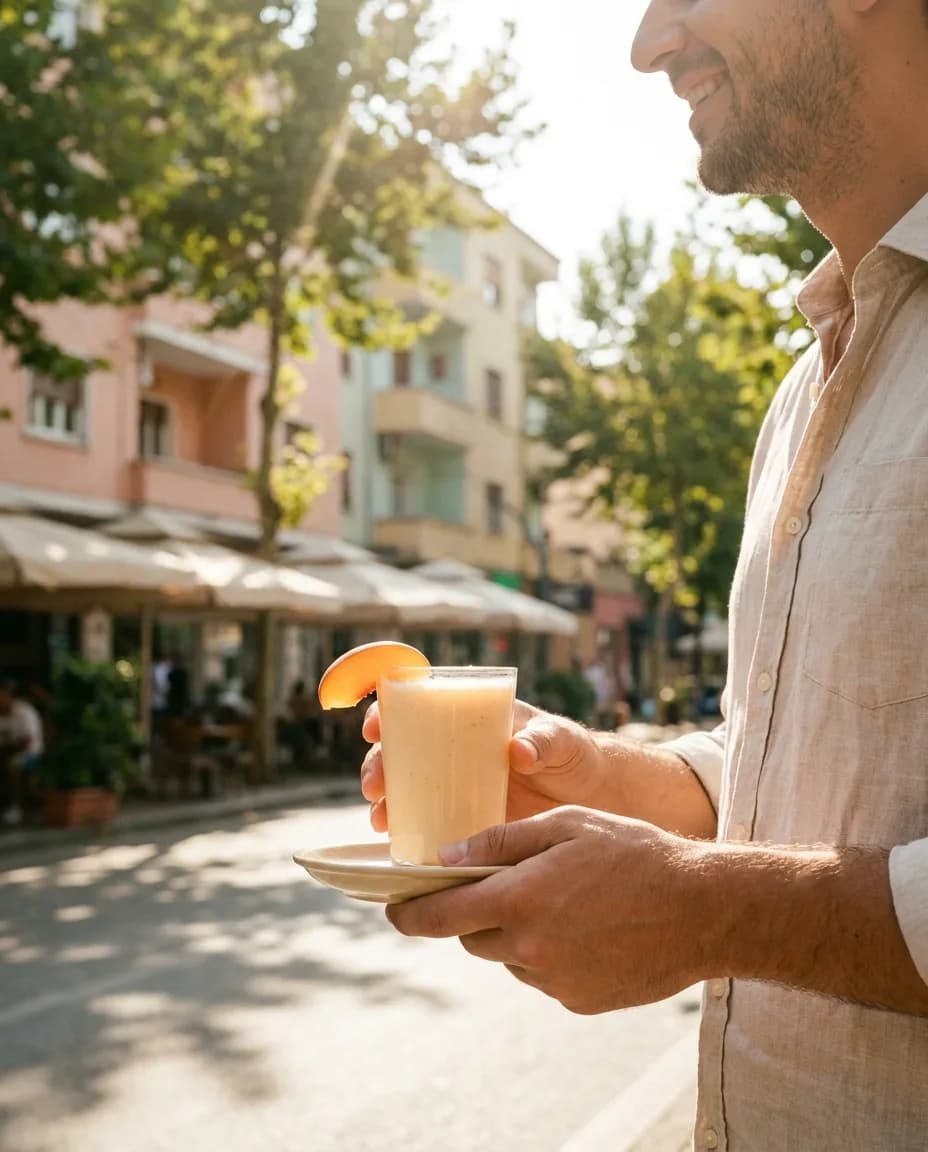 Santal Pjeshkë me Qumësht — në dorë në një rrugë të Tiranës