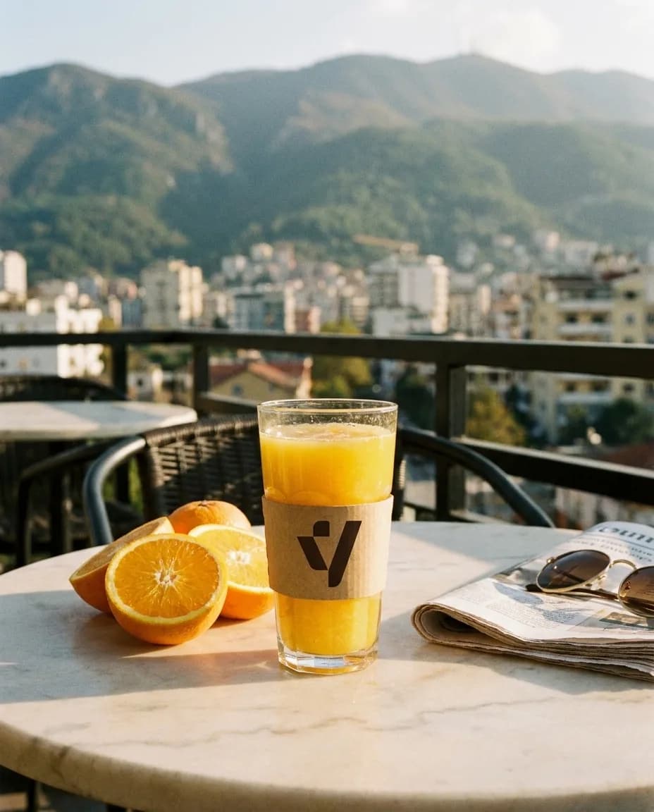 Lëng Portokalli i Freskët — në një tavolinë kafeneje në Tiranë