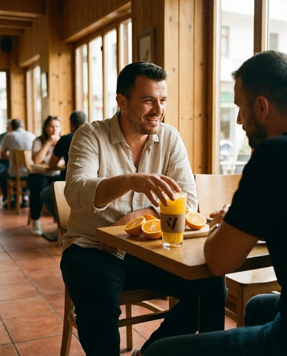 Lëng Portokalli i Freskët — e ndarë në tavolinë kafeneje