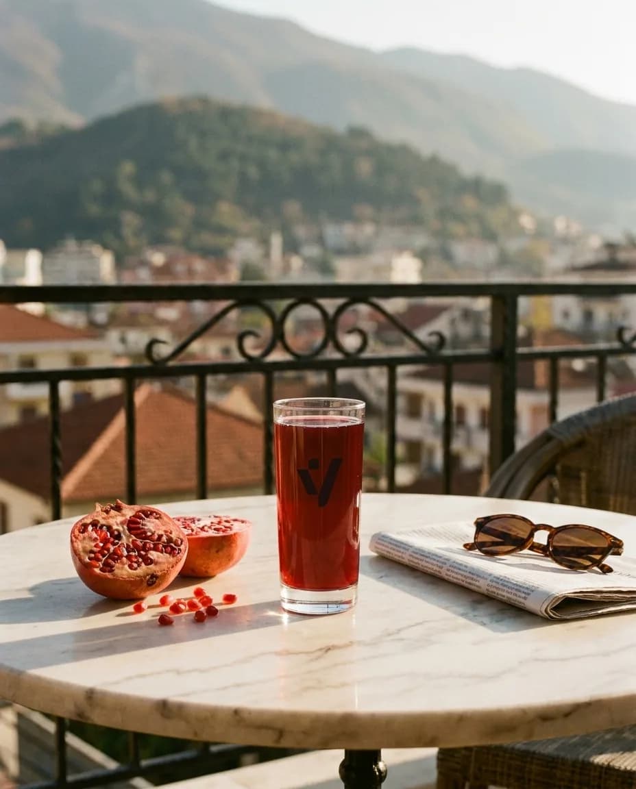 Lëng Shege i Freskët — në një tavolinë kafeneje në Tiranë