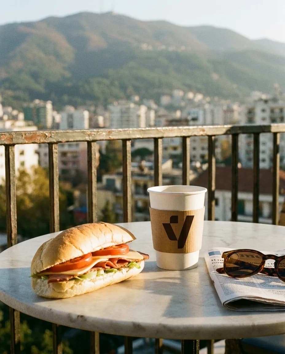 Sanduiç me Sallam Viçi — në një tavolinë kafeneje në Tiranë