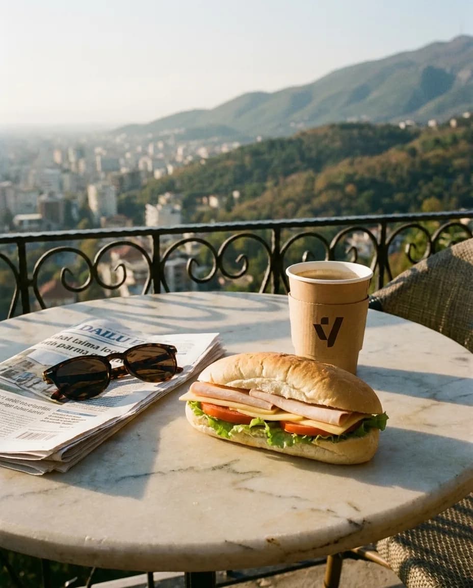 Sanduiç me Proshutë Pule — në një tavolinë kafeneje në Tiranë