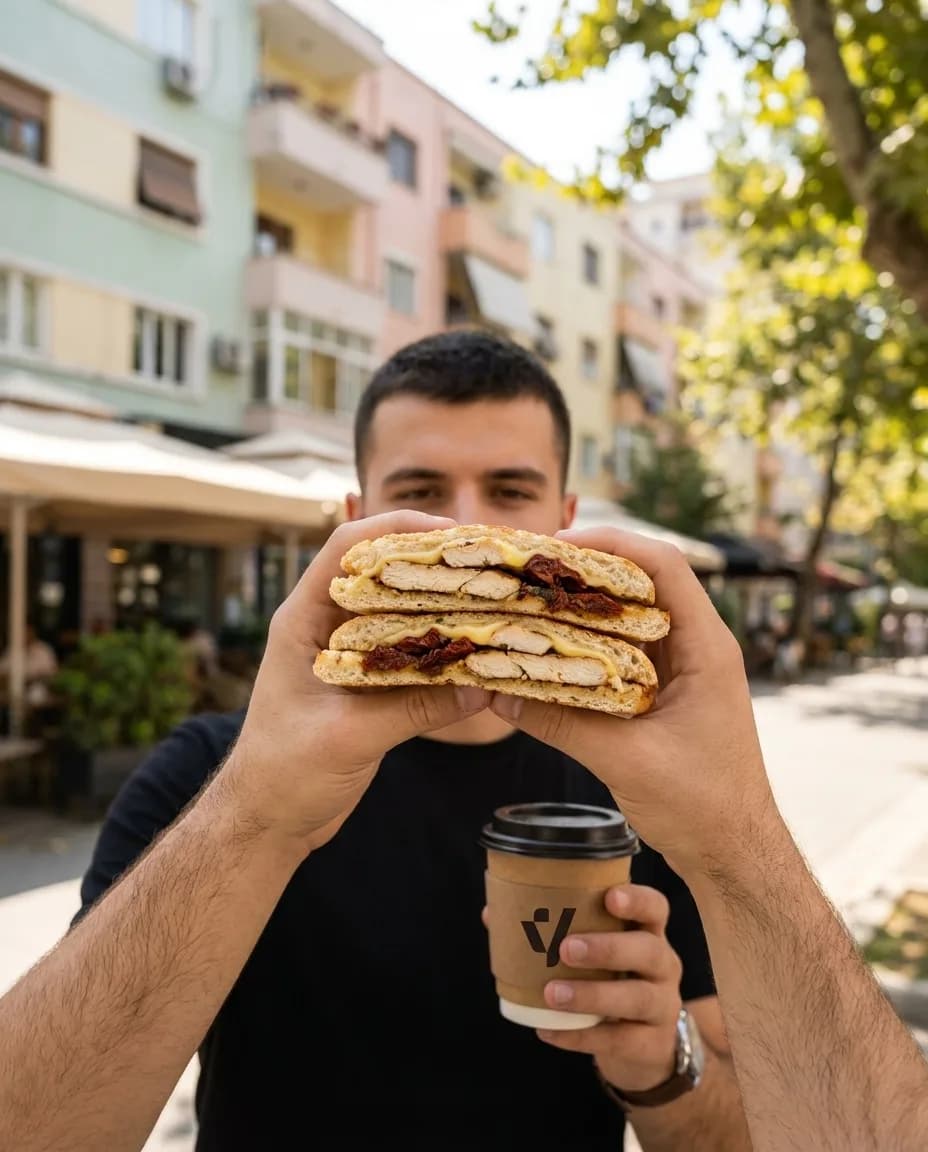 Sanduiç Premium me Pulë — në dorë në një rrugë të Tiranës