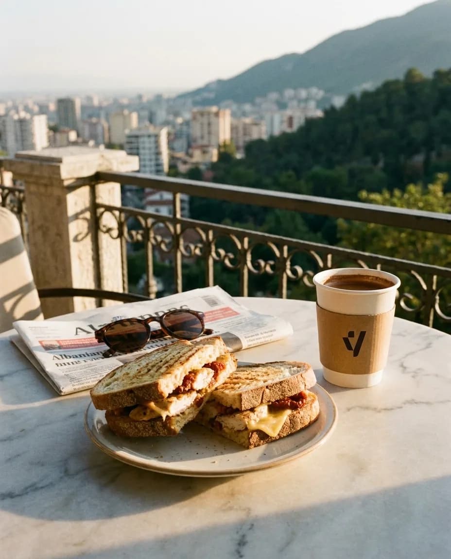 Sanduiç Premium me Pulë — në një tavolinë kafeneje në Tiranë