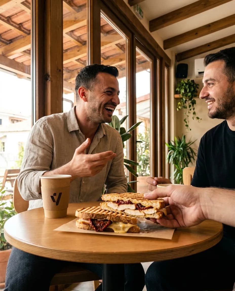 Sanduiç Premium me Pulë — e ndarë në tavolinë kafeneje