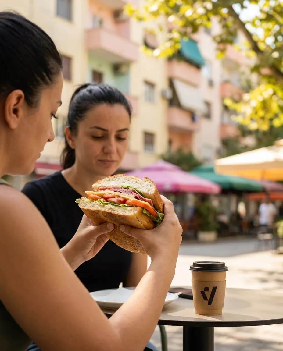 Sanduiç Premium Milanez — në dorë në një rrugë të Tiranës