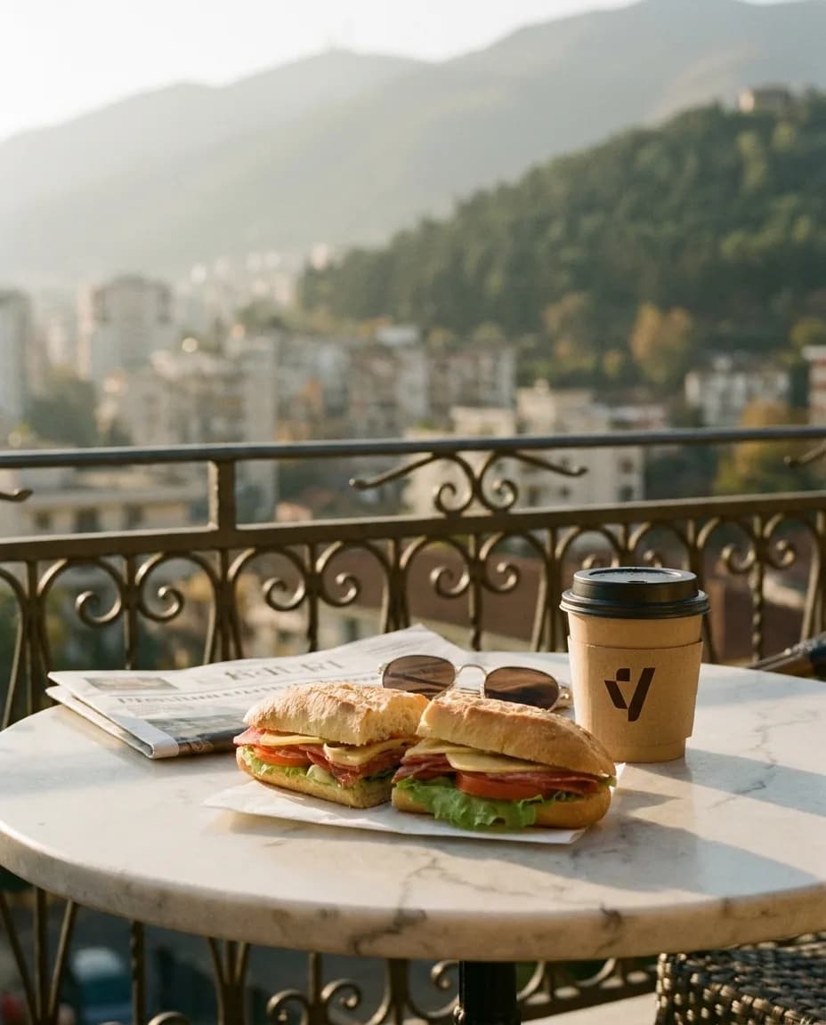 Sanduiç Premium Milanez — në një tavolinë kafeneje në Tiranë