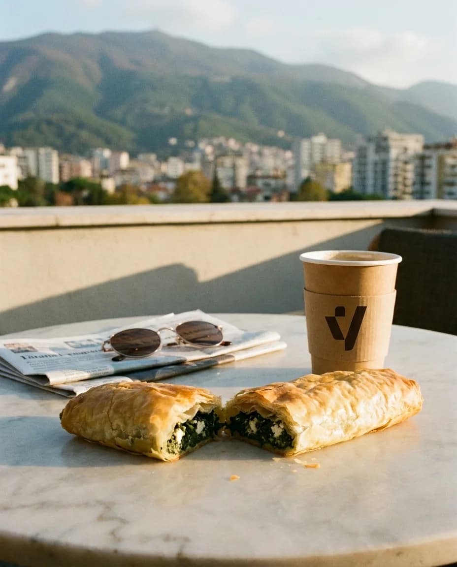 Spanakopita — Byrek me Spinaq — në një tavolinë kafeneje në Tiranë