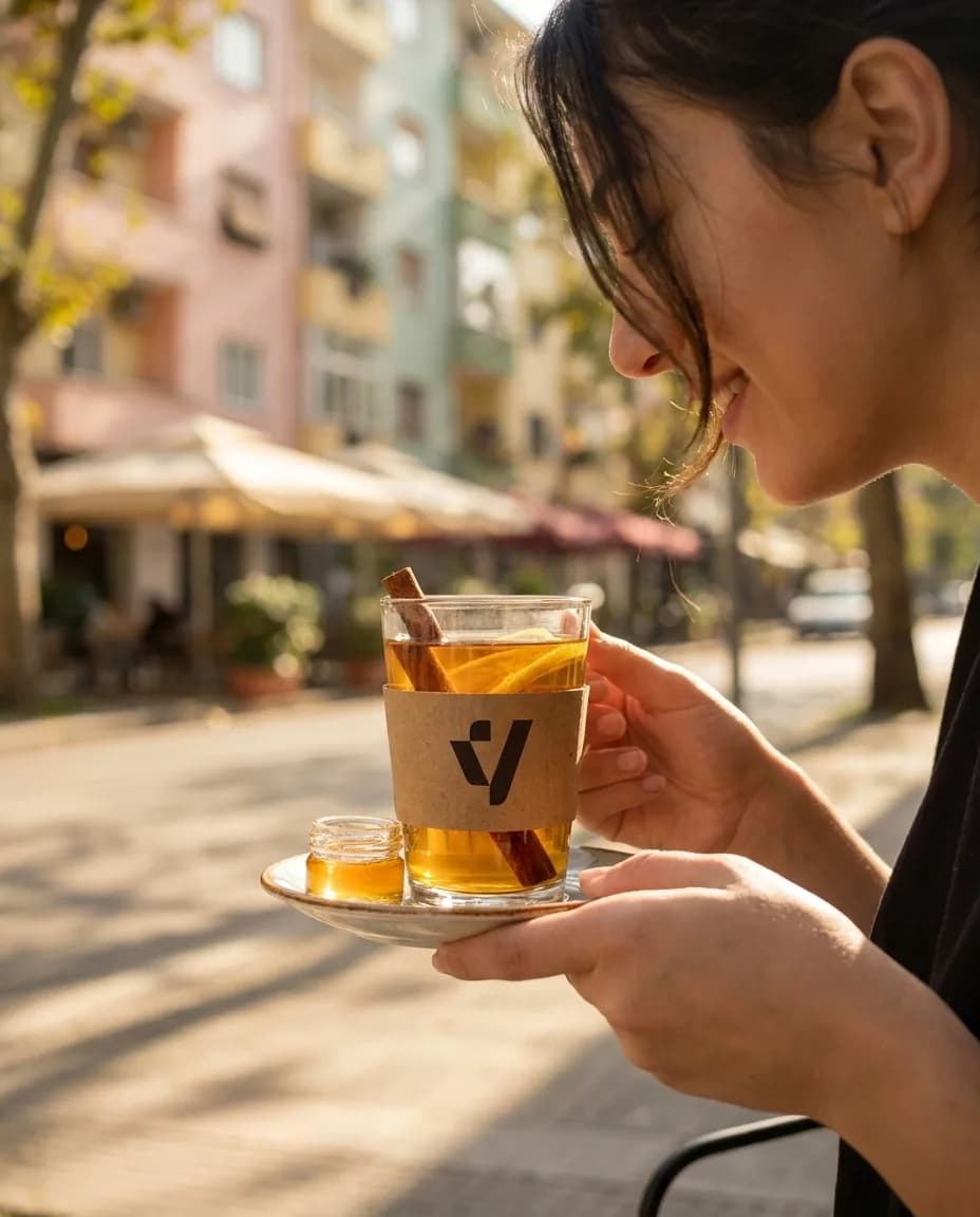 Çaj Bio Kanellë-Limon — në dorë në një rrugë të Tiranës