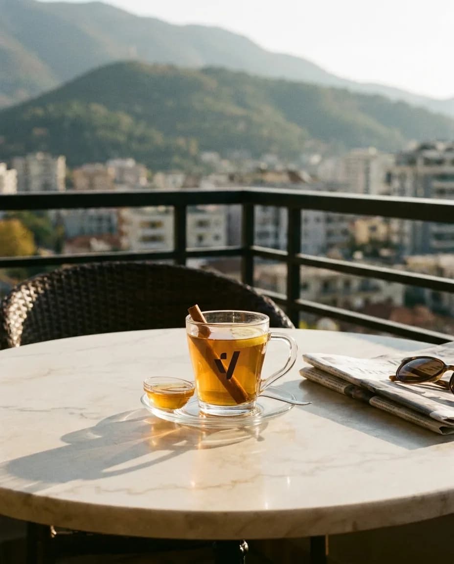 Çaj Bio Kanellë-Limon — në një tavolinë kafeneje në Tiranë