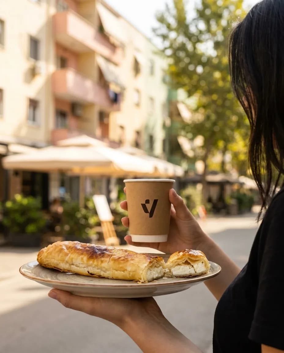 Tiropita — Byrek me Gjizë — në dorë në një rrugë të Tiranës