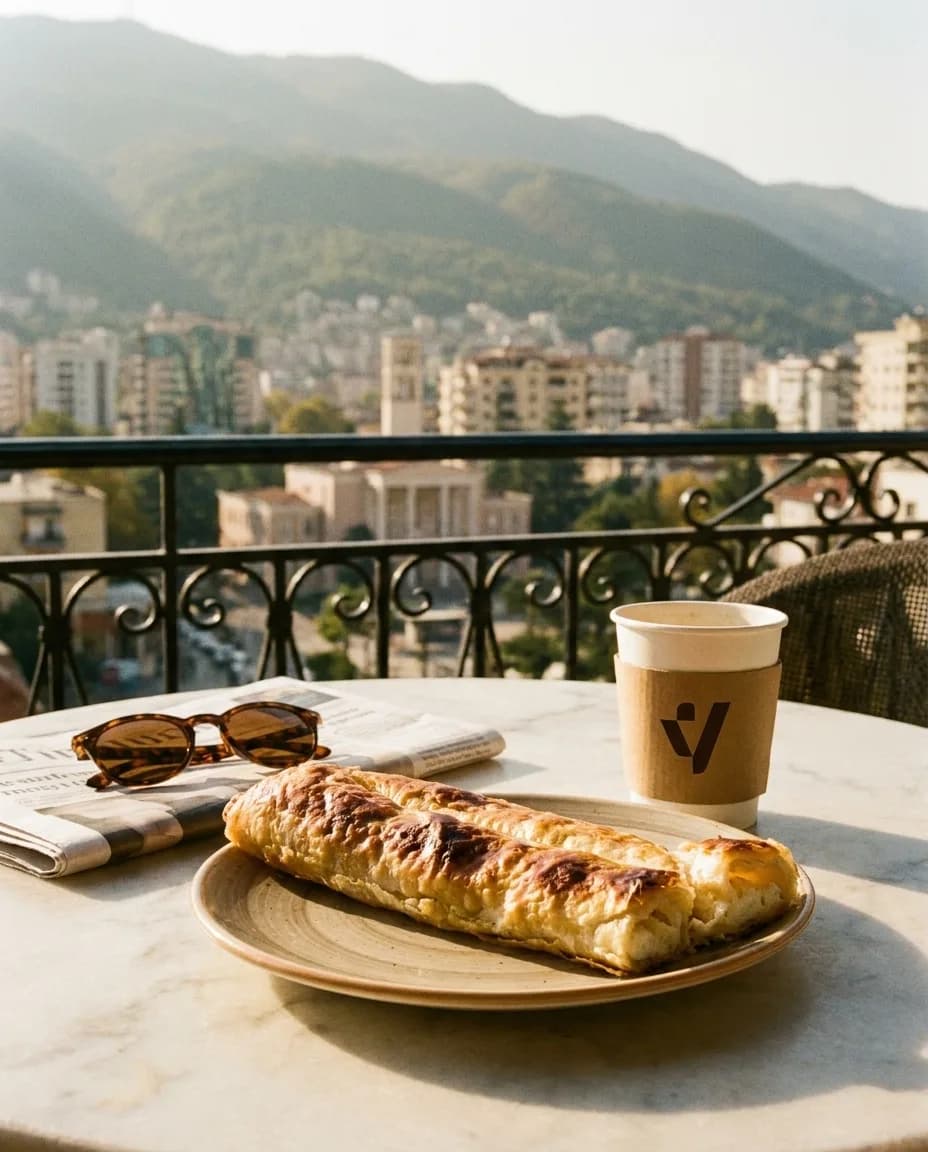 Tiropita — Byrek me Gjizë — në një tavolinë kafeneje në Tiranë