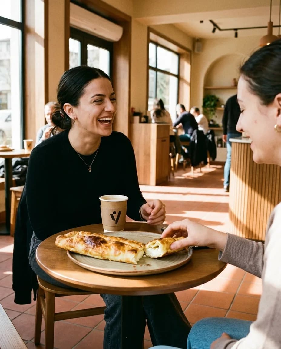 Tiropita — Byrek me Gjizë — e ndarë në tavolinë kafeneje