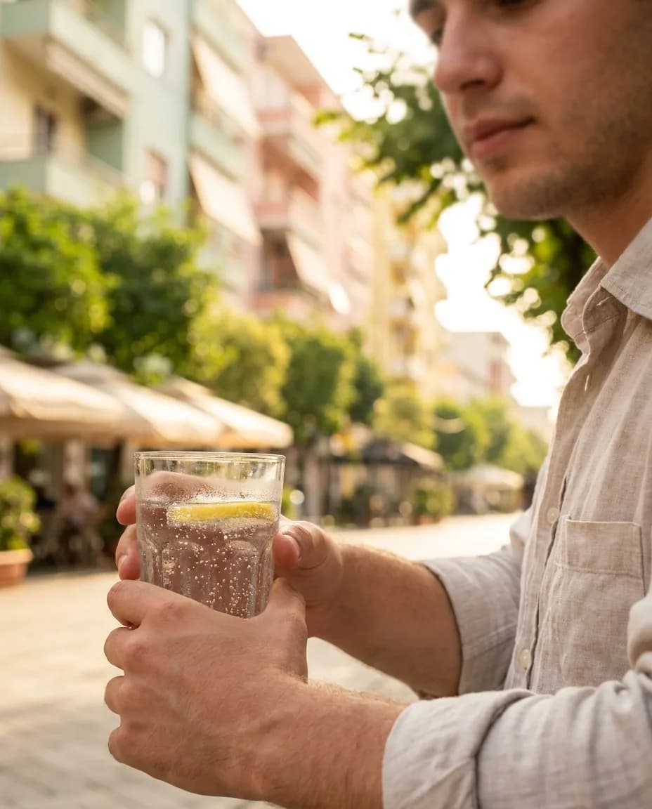 Ujë me Gaz Qafshtama — në dorë në një rrugë të Tiranës