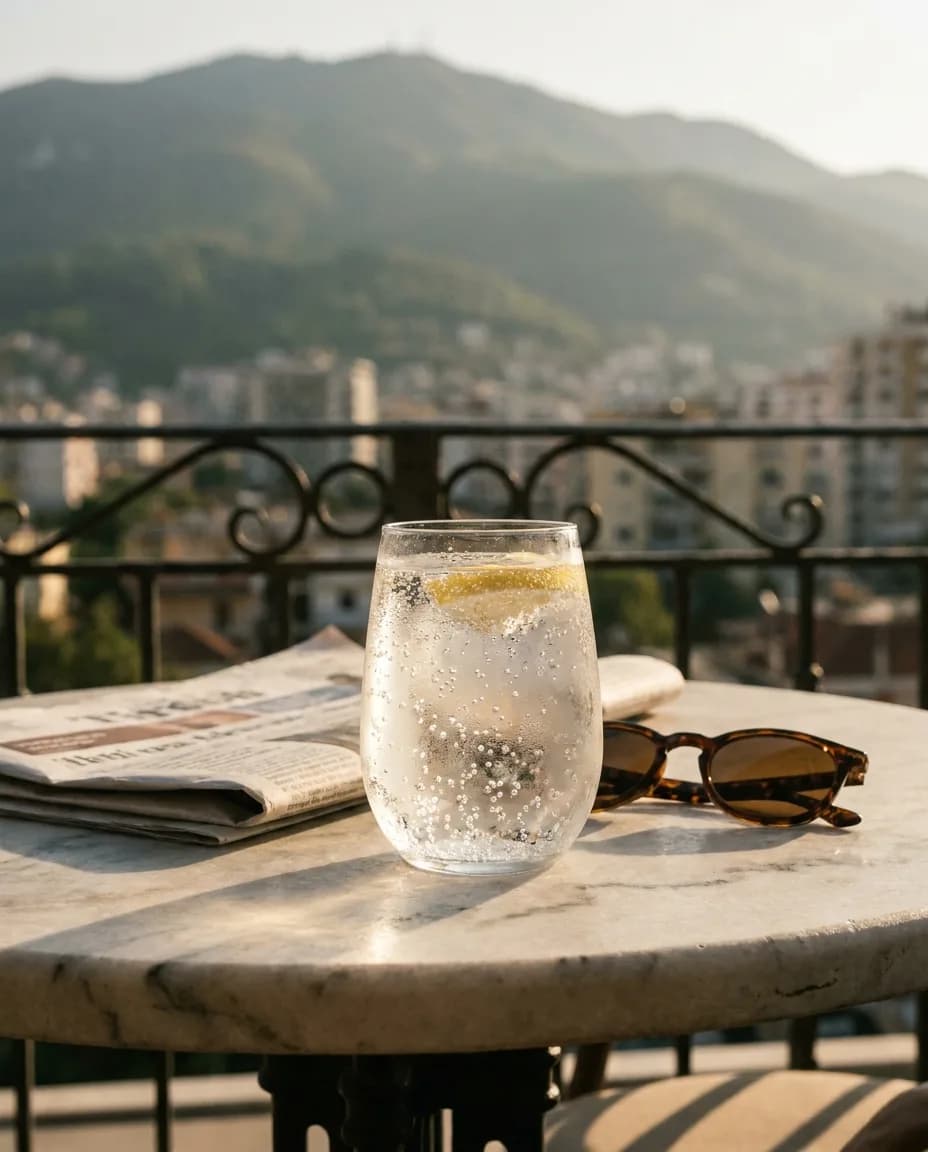 Ujë me Gaz Qafshtama — në një tavolinë kafeneje në Tiranë