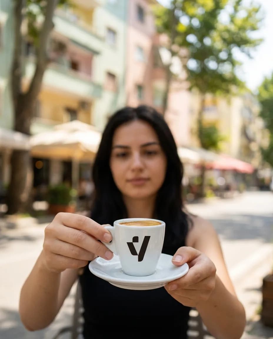 Kafe Espres pa Kafeinë — në dorë në një rrugë të Tiranës