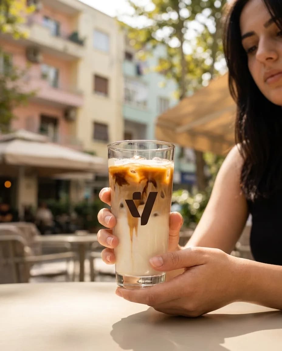 Kafe Latte me Akull — në dorë në një rrugë të Tiranës