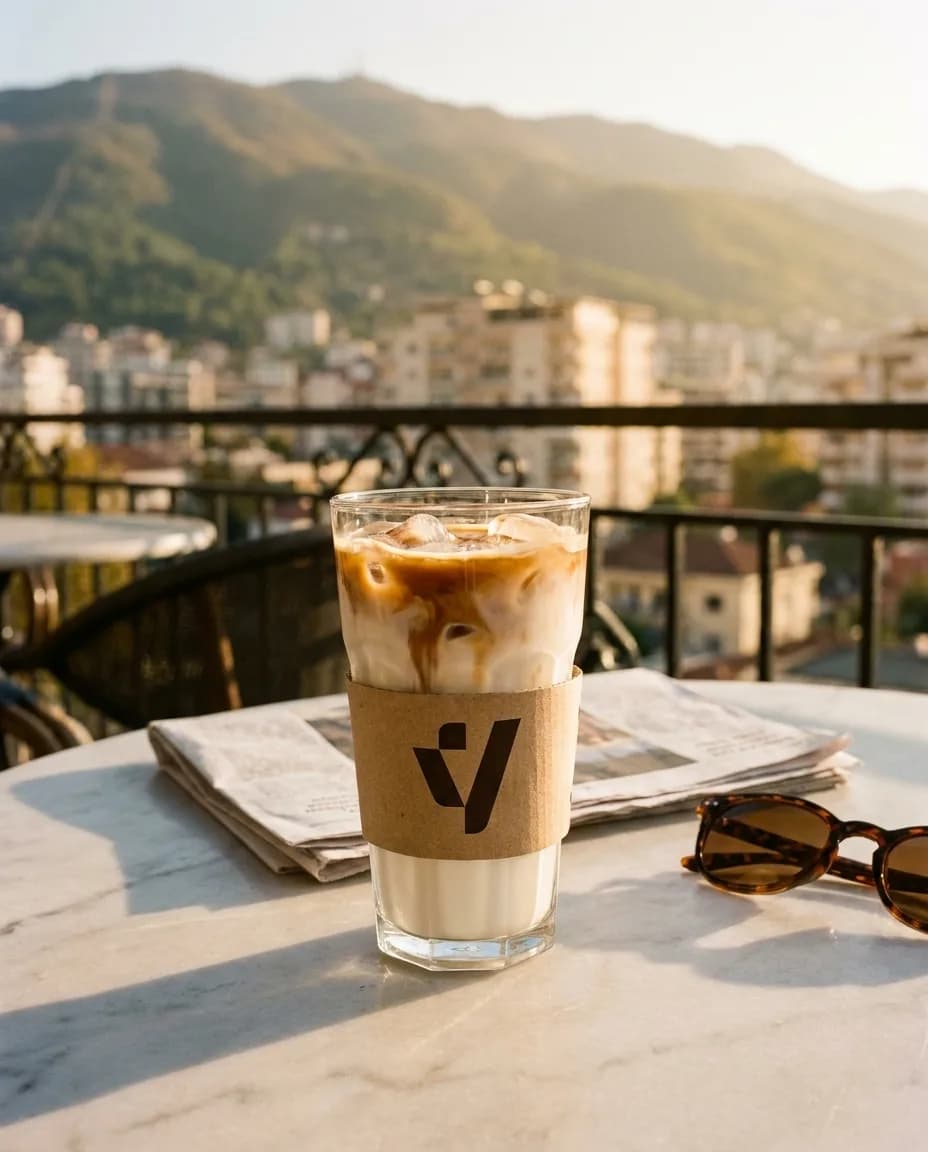 Kafe Latte me Akull — në një tavolinë kafeneje në Tiranë
