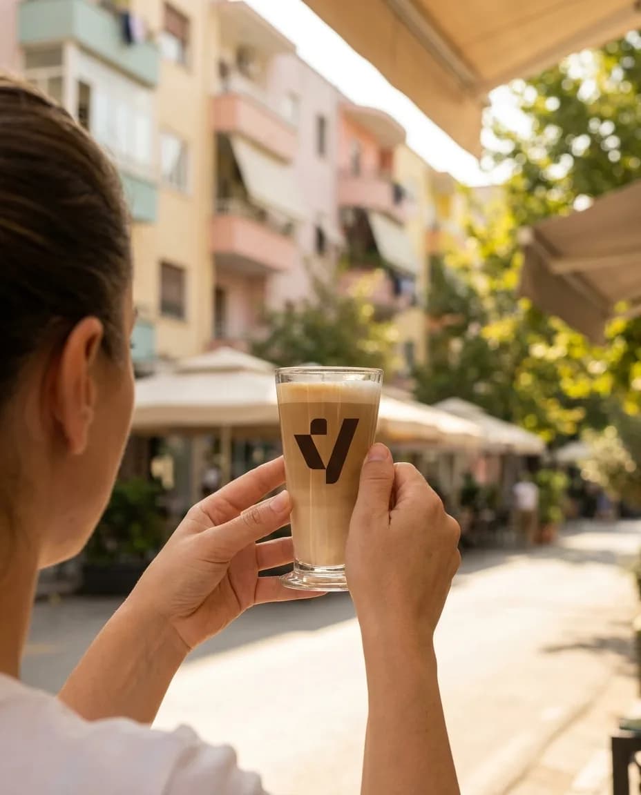 Kafe Latte pa Kafeinë — në dorë në një rrugë të Tiranës
