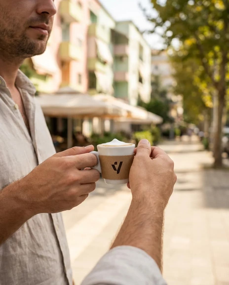 Kafe Makiato — në dorë në një rrugë të Tiranës